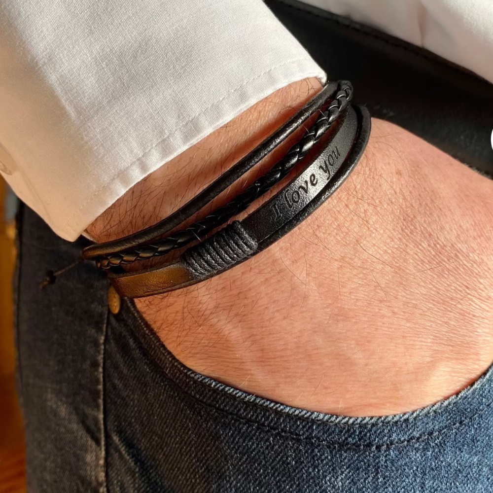 Black Braided Leather Personalized Adjustable Bracelet Handmade Couple Gift